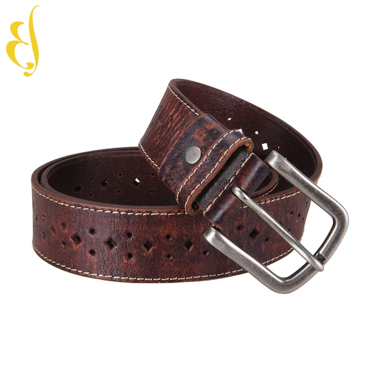 Custom Perforated casual men belt Vintage Genuine Full Grain Leather Belt with single needle buckle