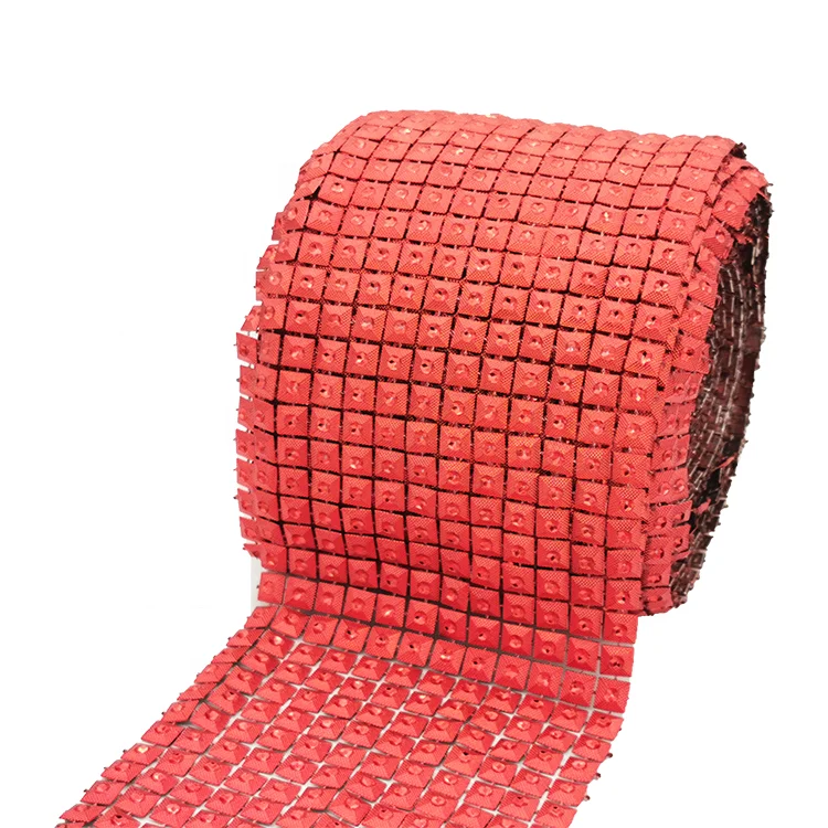 Stylish 12 rows red Square plastic rhinestone mesh  for Wedding Table Wrap
