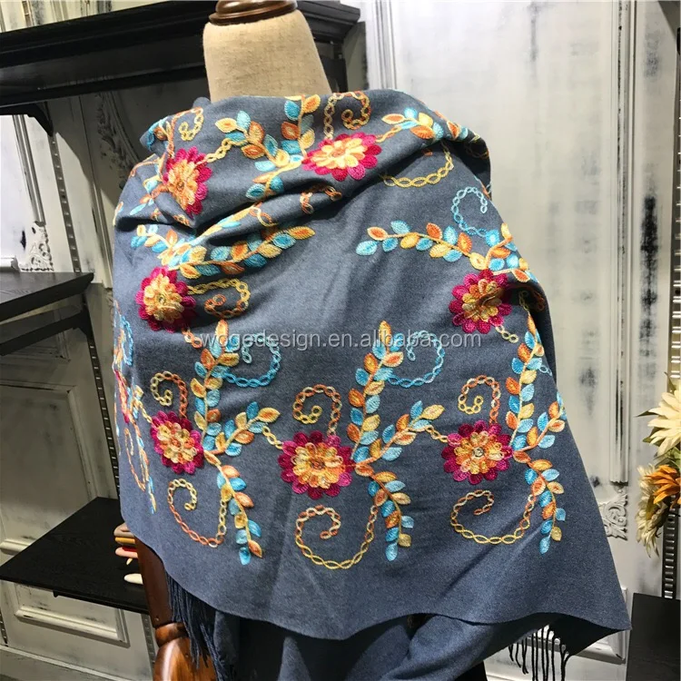 New stylish supplier nice womans twill acrylic shawls stoles echarpe cashmere feeling flowers embroidery winter pashmina scarfs