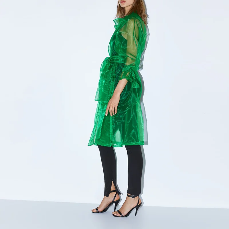 2019 New Arrival  Organza Lapel Collar Long Coat Women Trench Ladies