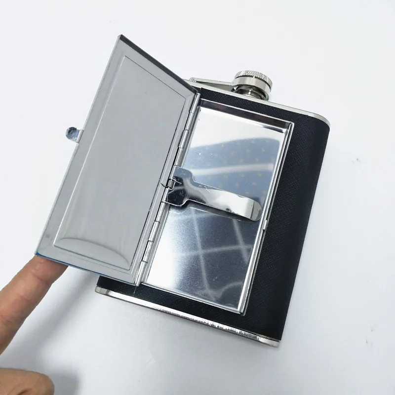 6oz black leather wrapped hip flask with bulid-in cigarette case Whiskey Flask