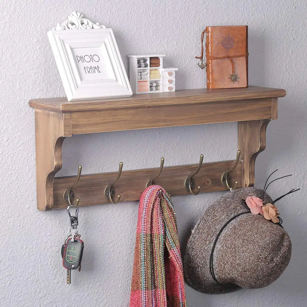 Wall Mounted Coat Rack with Shelf,Wooden Coat Hook Rack with 5 Metal Hooks for Hanging Coats,Rustic Entryway Shelf Wood Shelves
