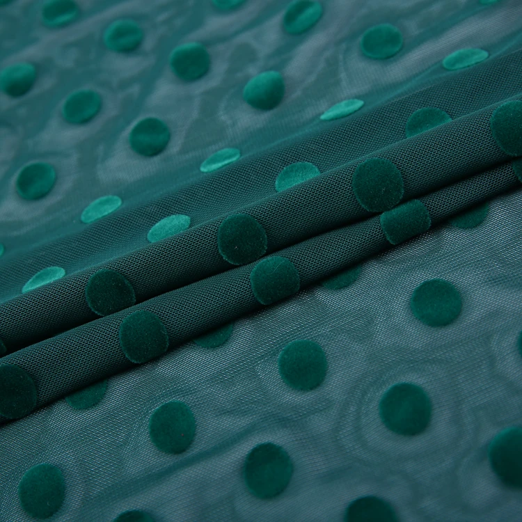 
Custom wholesale green polka dot design polyester mesh flock printing fabric knitted 
