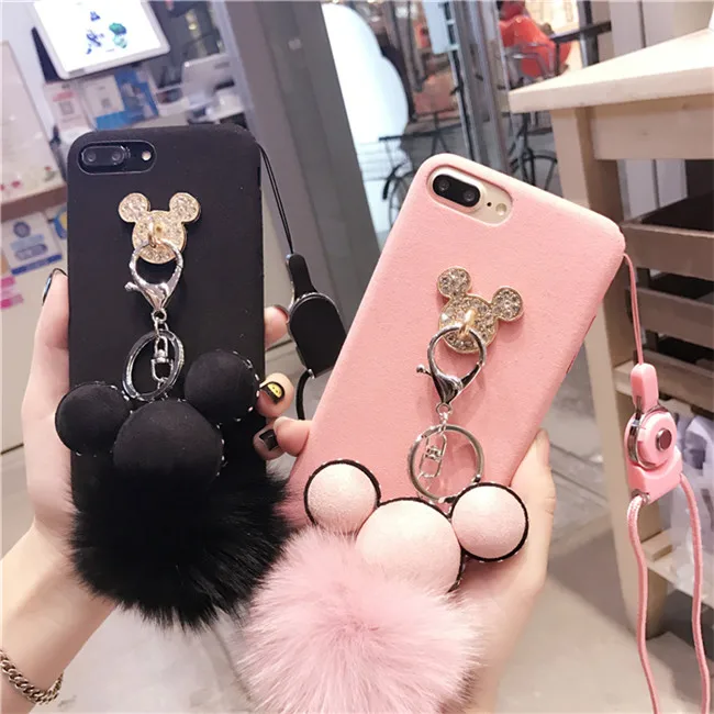 Luxury Diamond Plush Cartoon Mouse Rabbit Fur Ball Tassel Soft Tpu Case with Lanyard for Iphone7/7plus/6/6plus