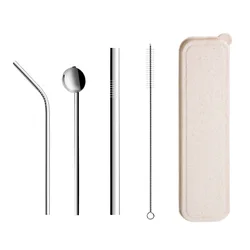 Environment-Friendly reusable metal stainless steel straw spoon set of 4 with cleaning brush for boba tea coffee milk