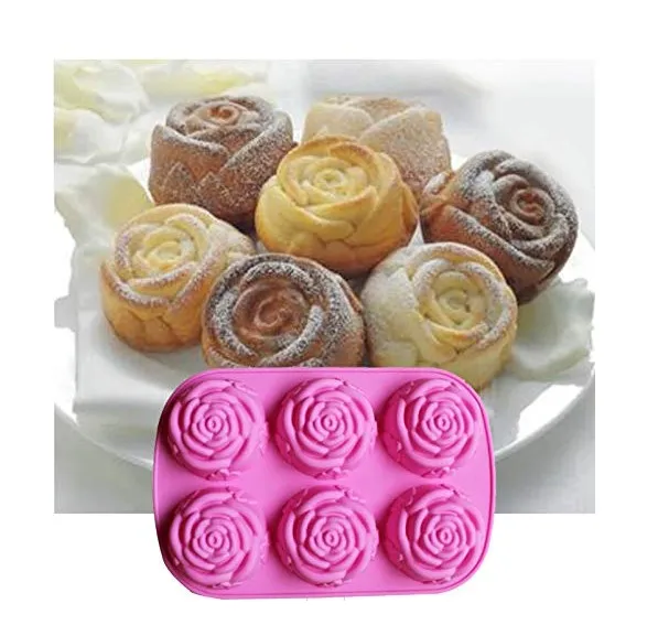 6 Cavity Non-stick Chocolate Cake Bakeware Tool Silicone Lollipop Rose Flower Silicone Mold