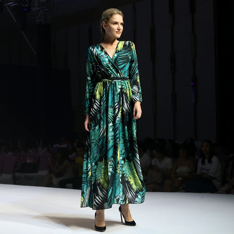Dresses Print Summer Casual Sleeve Woman Full Natural OEM Service Floral Print  Adults Chiffon Maxi Green long dress women