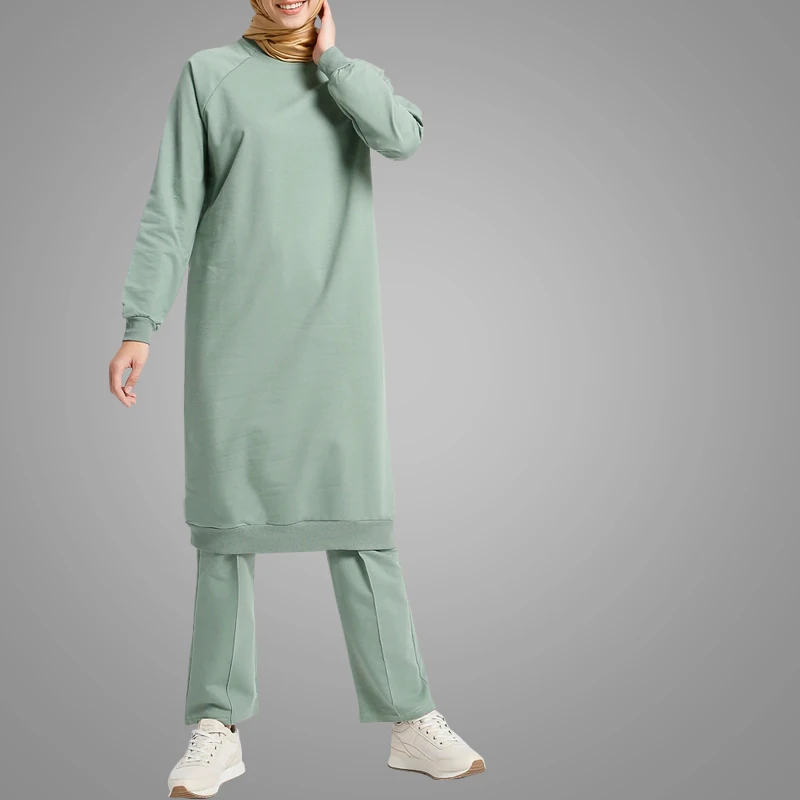 
Dubai New Design Muslim Sport Wear Fresh Teal O Collar Malaysia Tracksuits Fashion Turkey Abaya Style Islamic Clothing 