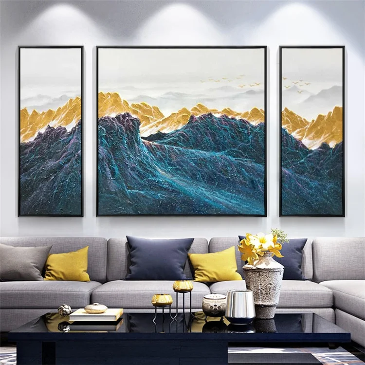 3 pieces Wall Art mountains Peaks Modern landscape birds Gold Art abstract Painting on canvas Blue Original Pictures