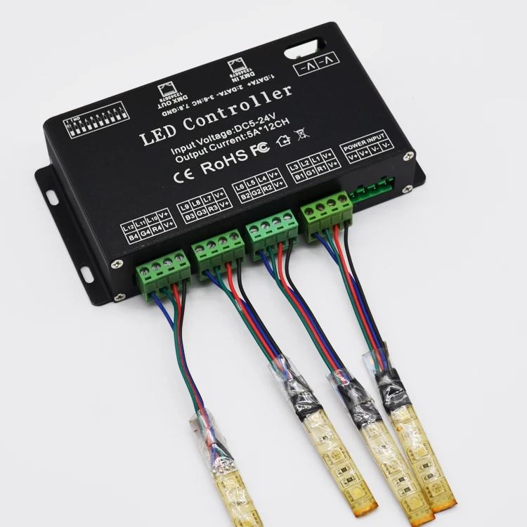 
12 Channel LED DMX512 1990 Constant Decoder 5VDC to 24VDC 5A per Channel PWM Output signal RJ45 