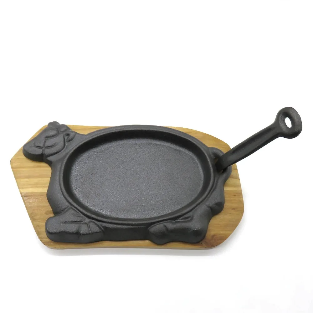Cast Iron Bull Cow Shaped Sizzling Steak Plate with wooden tray