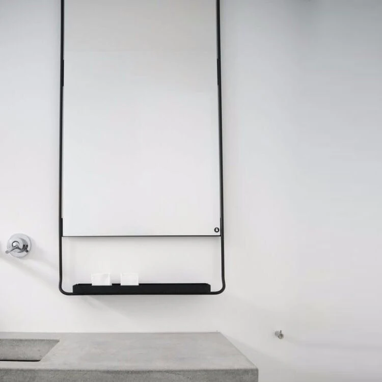 Large oversize decorative black metal pharmacy wall mirror with shelf for hallway bathroom