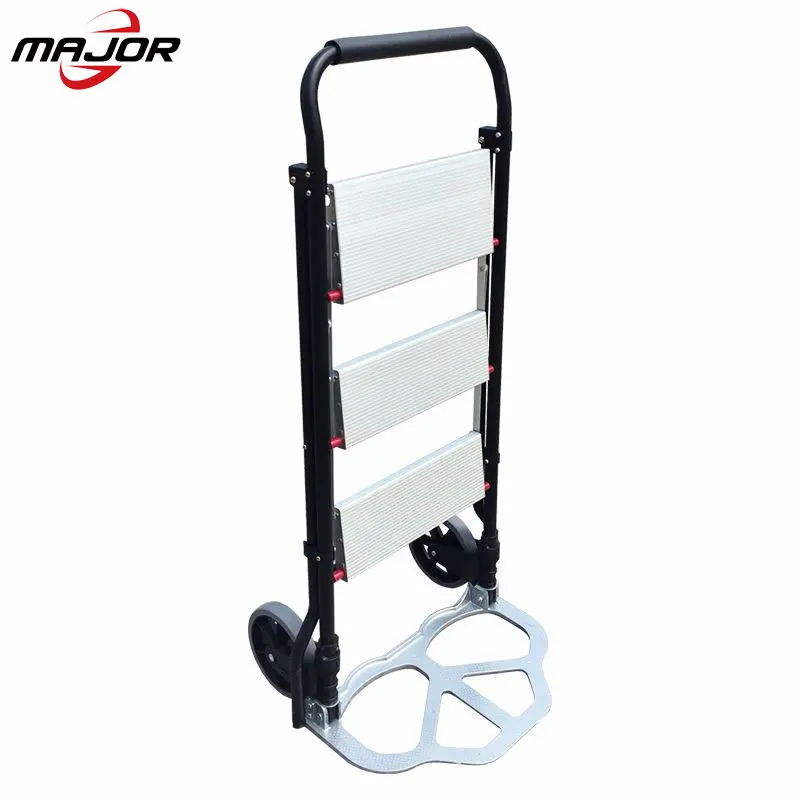 2-in-1 Aluminum Folding Portable Cart 3 Step Ladder Hand Truck Stool Ladder 330Lbs Heavy Duty Portable Cart with Two Wheels