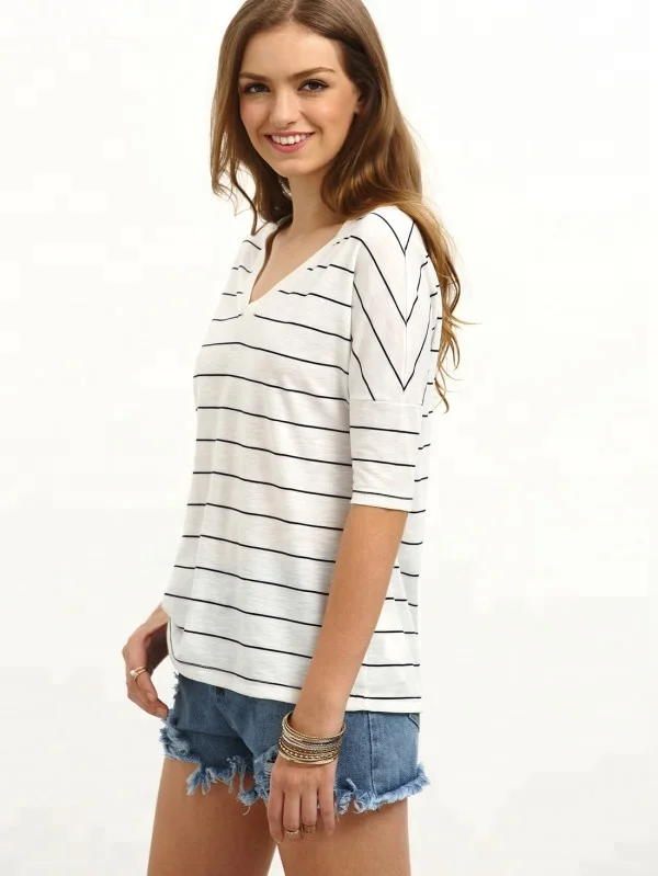Ladies V Neck Stripe Elbow Half Sleeve T-Shirt