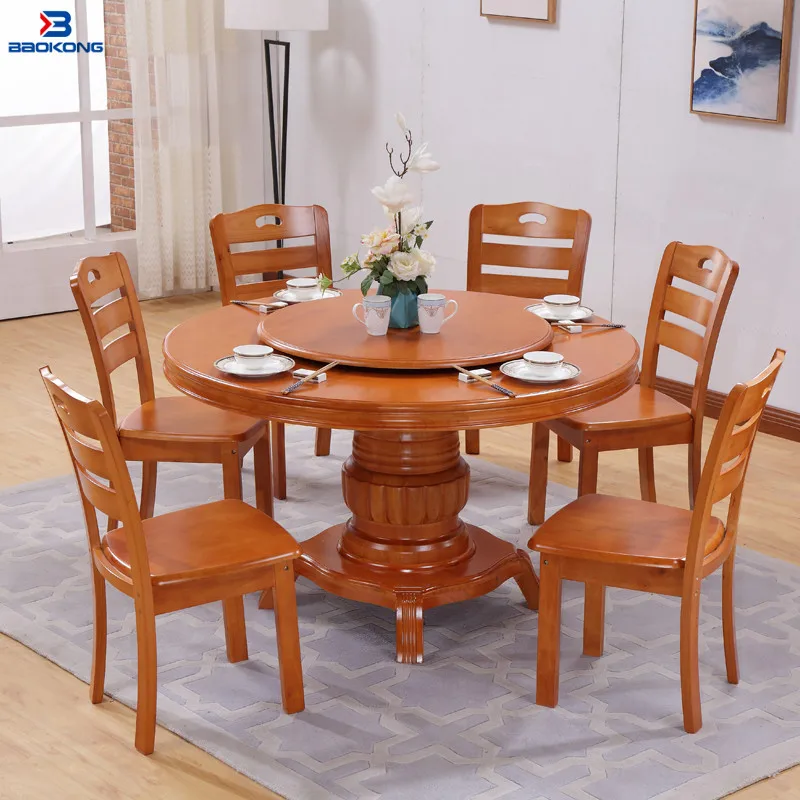 Antique 6 Seat Wooden Rotating Round Dining Table Set