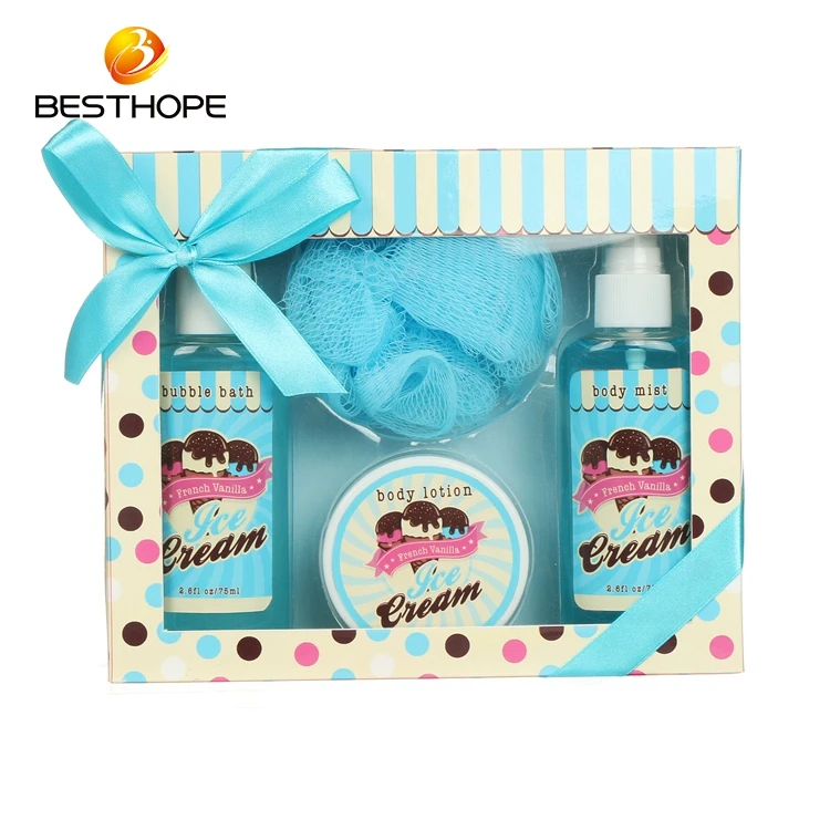 High quality oem shower gel bubble bath body scrub sponge set promotional bath spa gift set in paper box