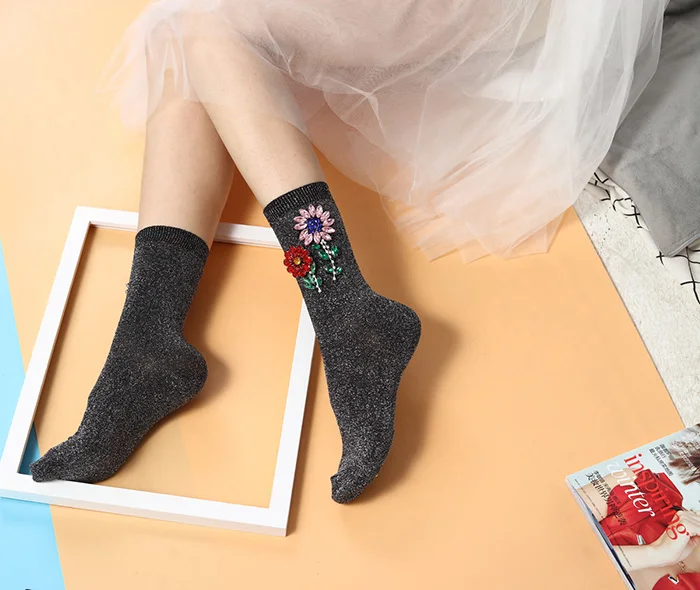 Женские носки со стразами, новинка, весенние носки до щиколотки с драгоценными камнями и цветами