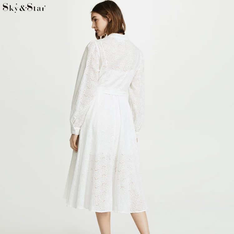 Women casual plain long sleeve embroidered simple white shirt dress with lining