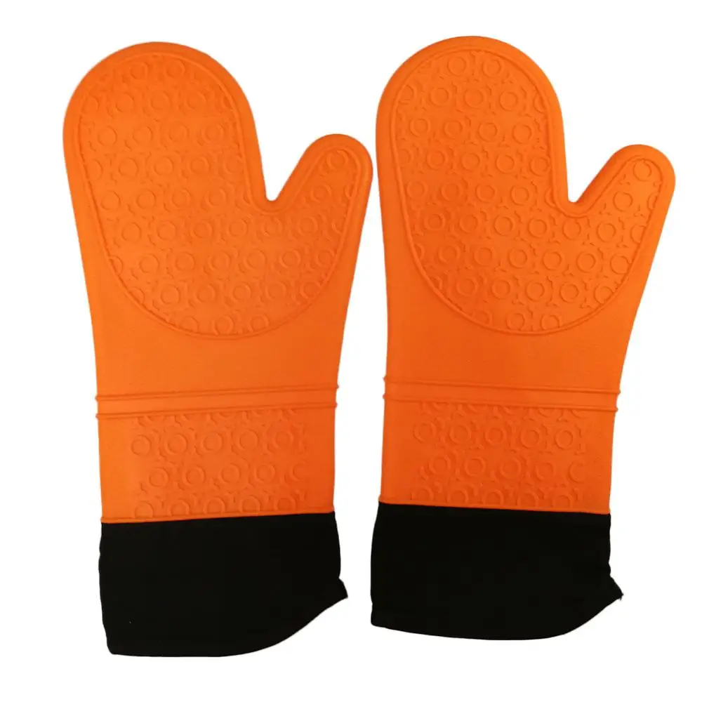 Amazon hot sell extra long  heat resistant silicone kitchen oven mitt gloves	with cotton material inside