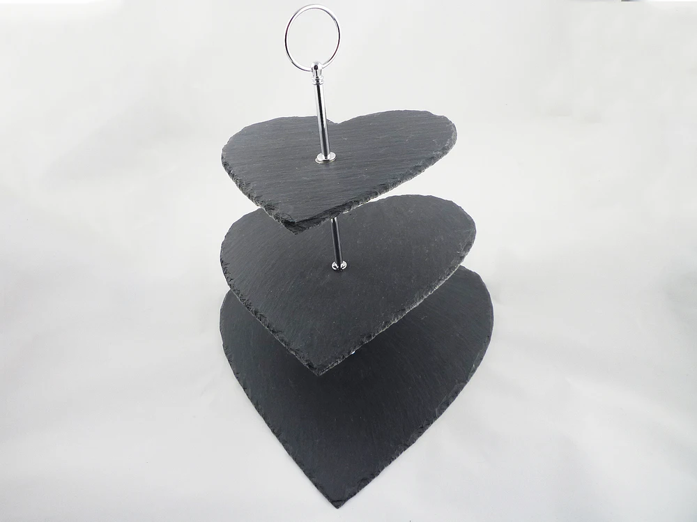 Factory Direct Price Natural Edge 30*25*34cm Heart Shape Black 3 Tier Slate Cake Stand Stone Cake Stand With Metal Handle