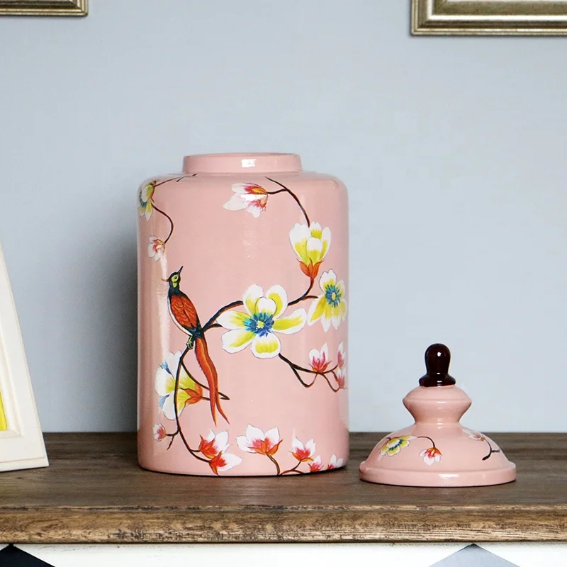 pink ceramic jar with flower and bird painted for hotel or home decoration porcelain holiday gift wholesale