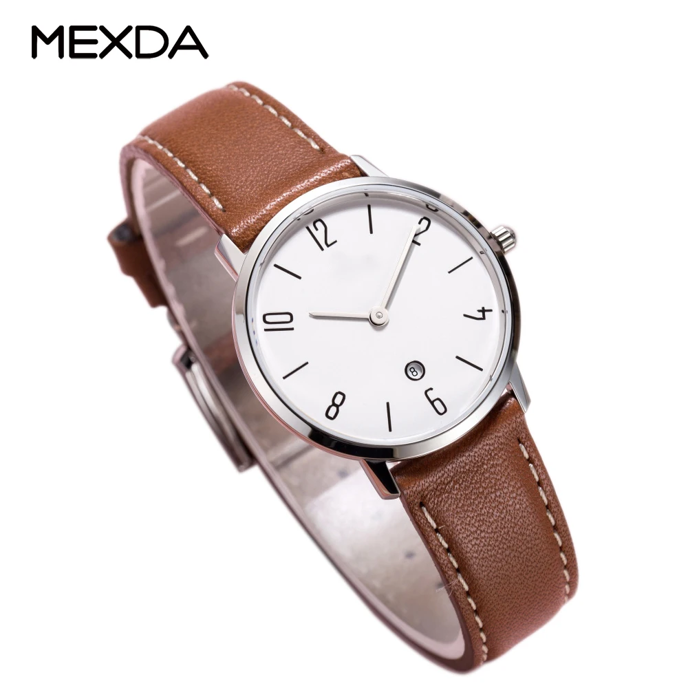 mexda brand Fashion style stainless steel case japan quartz movement genuine leather strap women watches