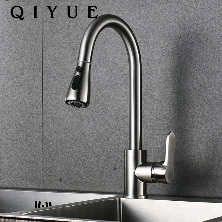 Deck mounted single handle brushed nickel finish pull out spout brass kitchen sink faucet taps