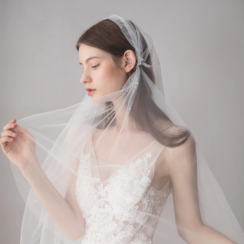 V619 Bead White Thicken Soft Tulle Cathedral Lace Veil Spanish Lace Veil Mantilla Bridal Veils With Comb
