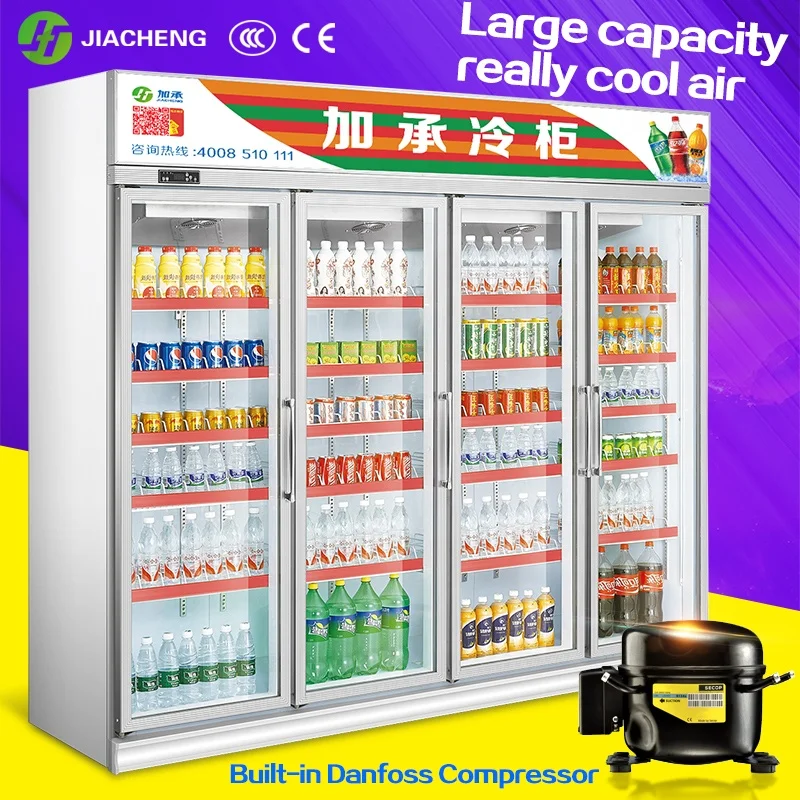 Jiacheng air cooling 4 door beverage cooler for energy drinks, soft cold drink refrigerator, commercial display fridge
