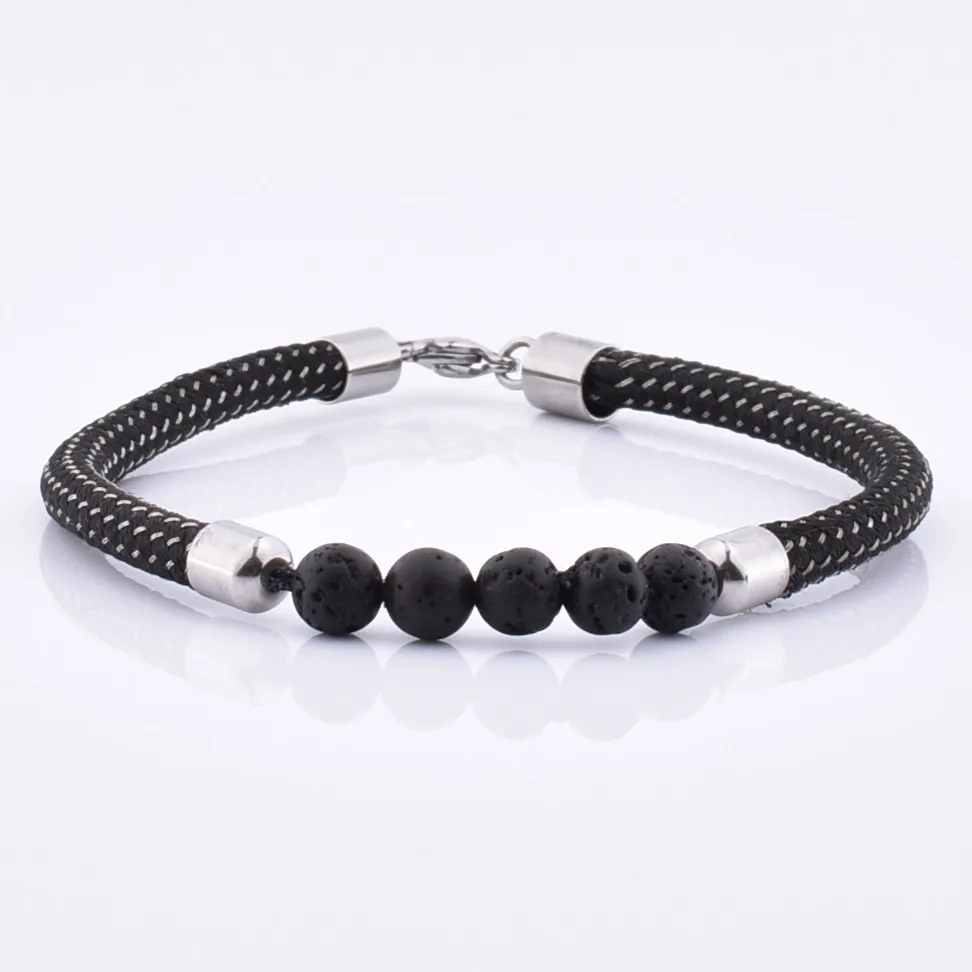 Factory Prices Custom Vintage Black 6MM Lava Stone Silver Lobster Clasp Rope Bracelet With Charm