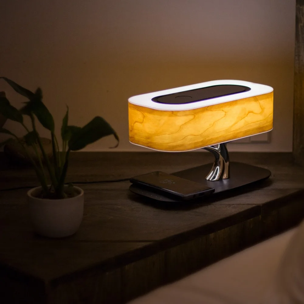 Amazon bestseller 2021 novel tree light wooden led dimmable desk lamp wireless charger blue tooth speaker