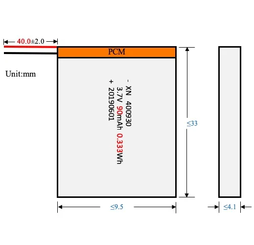 
Hot Sell 400930 90mAh 3.7V lithium polymer battery for Bluetooth 
