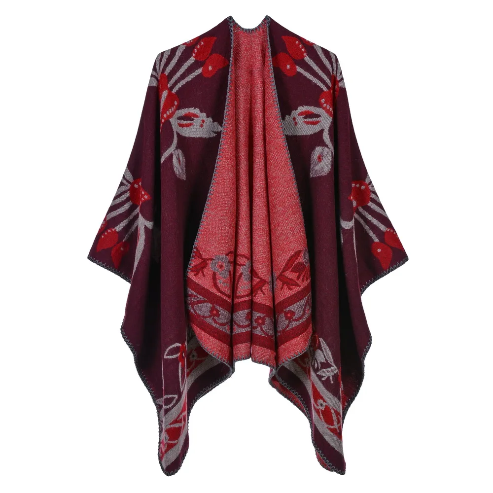 Wholesale 2020 new arrival custom acrylic ponchos cape women stylish red floral knitted oversized loop mexican poncho