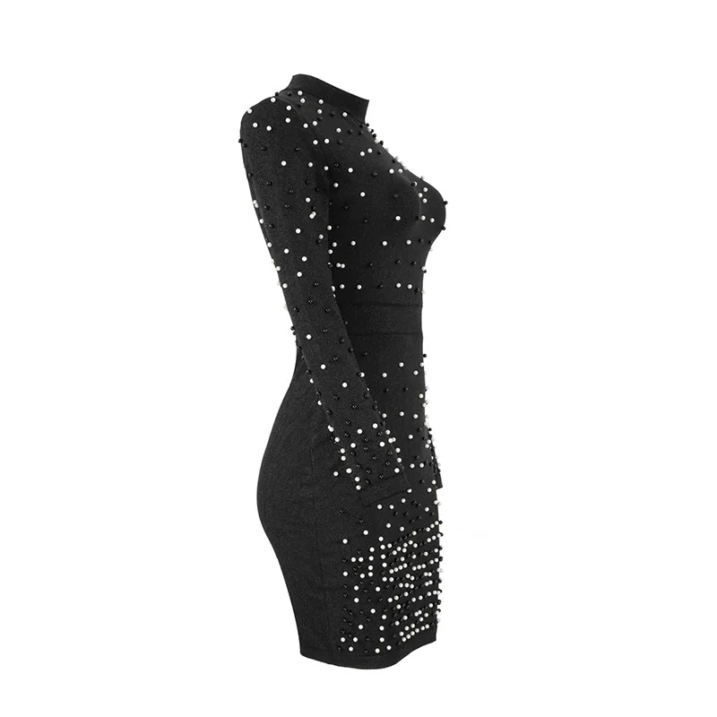 Women Simple bandage evening Half-high collar pearl Lady Cocktail Sequin Prom Dress