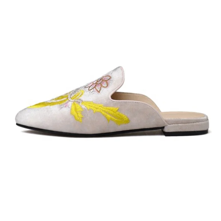 New design embroidery pointry toe comfortable ladies flat mules shoes