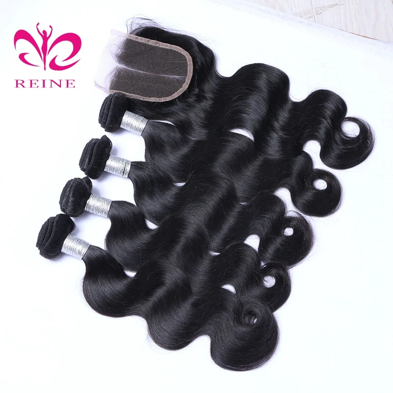 REINE No Mixed No Synthetic Hair 100 Virgin Remy Indian Human Hair Body Wave Bundles With Lace Closure