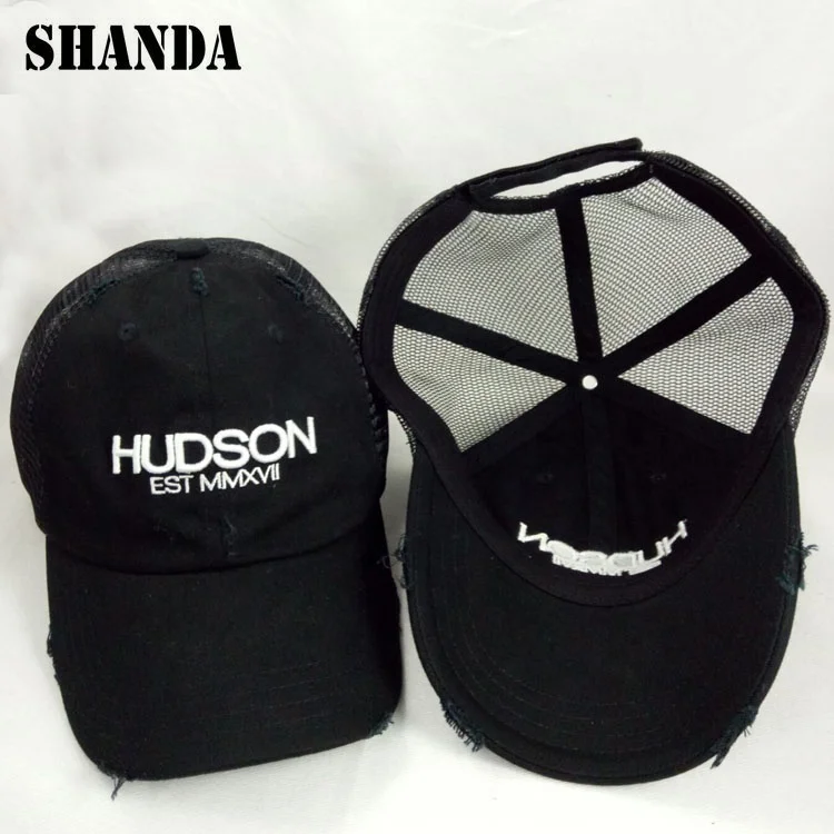 5 panel curved brim black cotton washed embroidery worn out blank vintage custom distress trucker hat cap