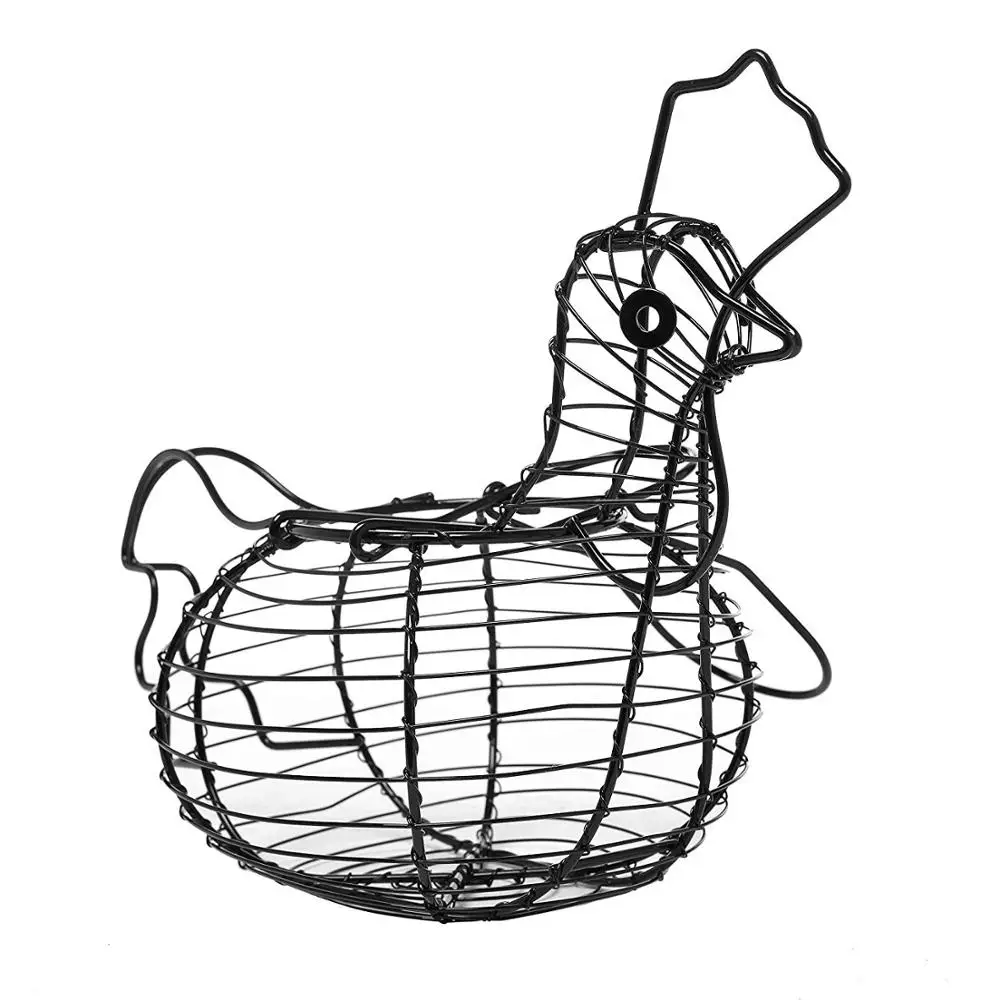 Ware Manufacturing Black Metal Mesh Wire Chicken Shaped Egg Collecting Basket Holder Silver Tone Egg Storage Basket