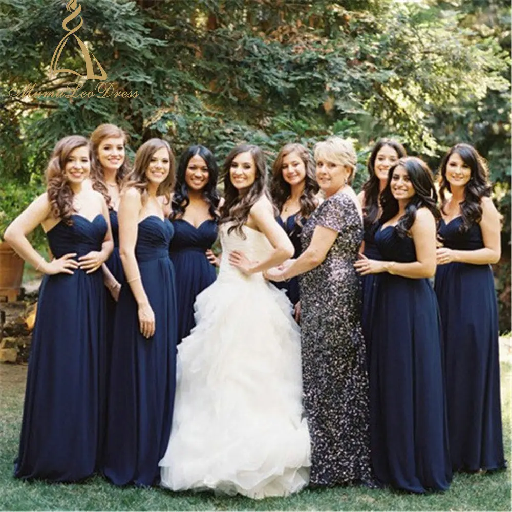
Floor Length Ruched Sweetheart Strapless Empire Waist Navy Chiffon Bridesmaid Dresses With Back Zipper Wholesale 