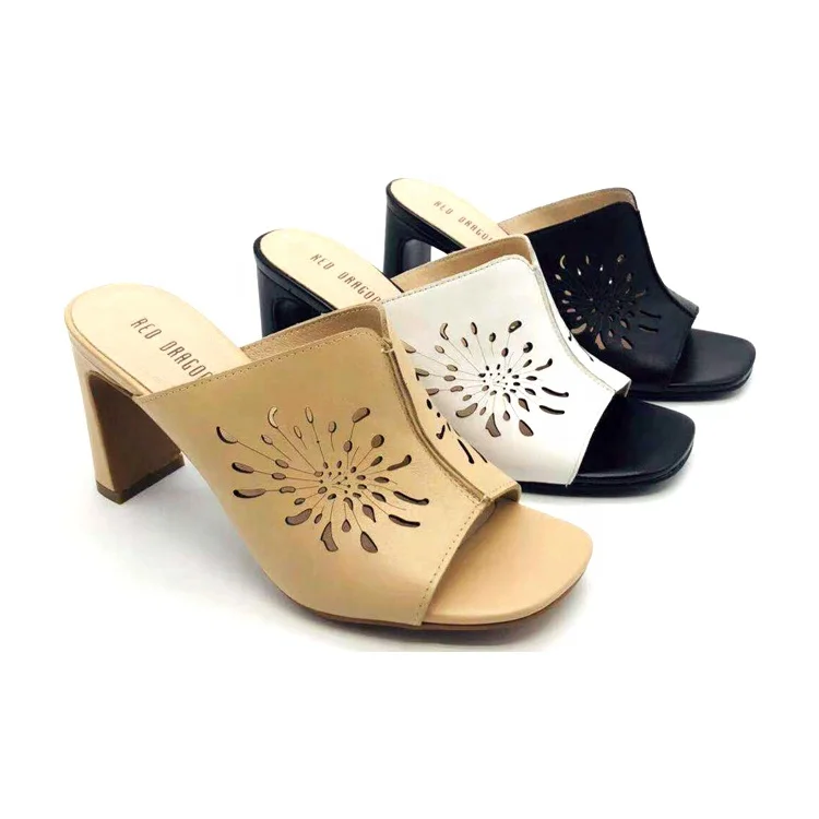 Wholesale Fashion High Heel Leather Slippers for Ladies Summer Chrysanthemum Hollow Design Anti-Slip Breathable Disposable