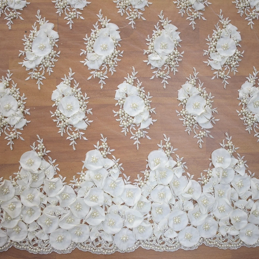 white korea lace fabric pearl embroidery designs for handmade embroidery dresses HY0888-2