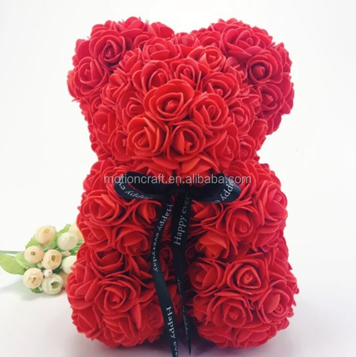 Small cute artificial PE foam  single rose flower teddy bear wholesale