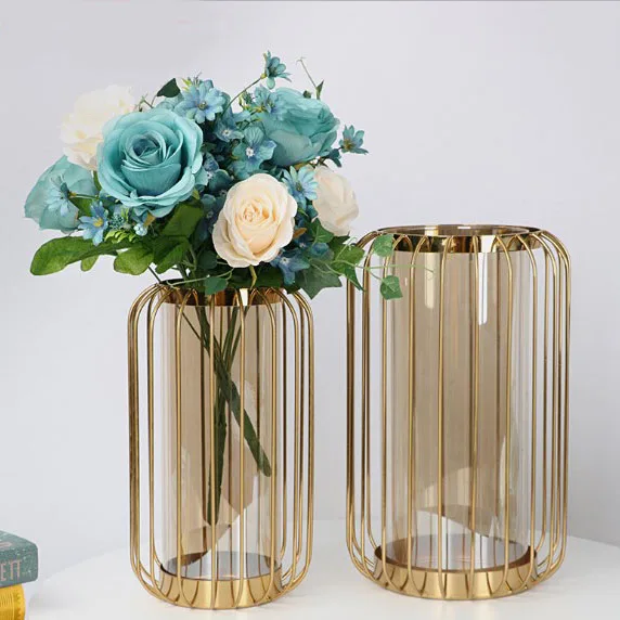 Европейская железная стеклянная ваза в форме фонаря, Золотая Геометрическая ваза, свадебное украшение
