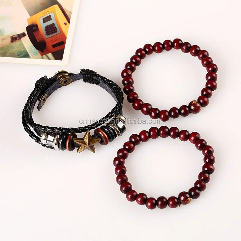 Retro Multilayer Woven Wrap Genuine Leather Bracelet Wooden Beads Star Bangle for Women Vintage Wristband Jewelry Accessories
