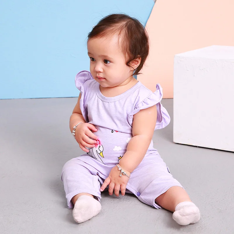 Purple girls garment with ruffles sleeve lovely swan pattern baby clothes