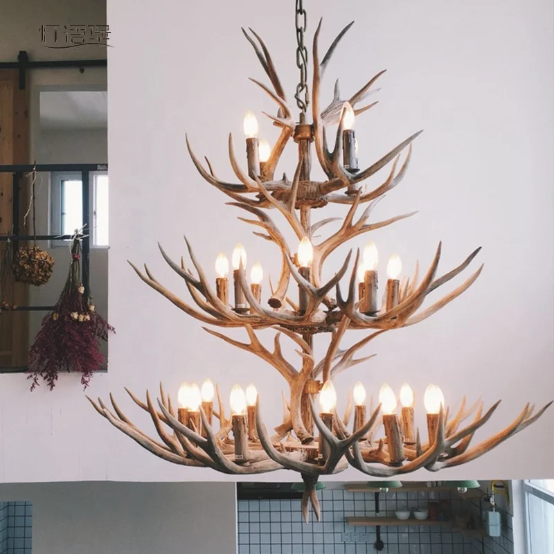 High quality vintage rural pendant light  retro antler chandelier antique industrial resin lamp for hotel hallway