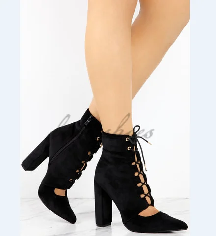 New style fashion Ladies pointed toe cut out ankle boots chunky heel ankle boots for women