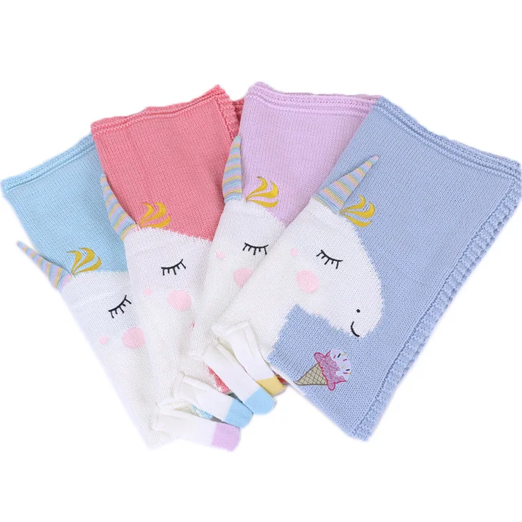 
INS Sell Cheap Wholesale 3D Cute Cartoon Unicorn Acrylic Knitted Air Conditioning Cloak Blanket for Baby Children 