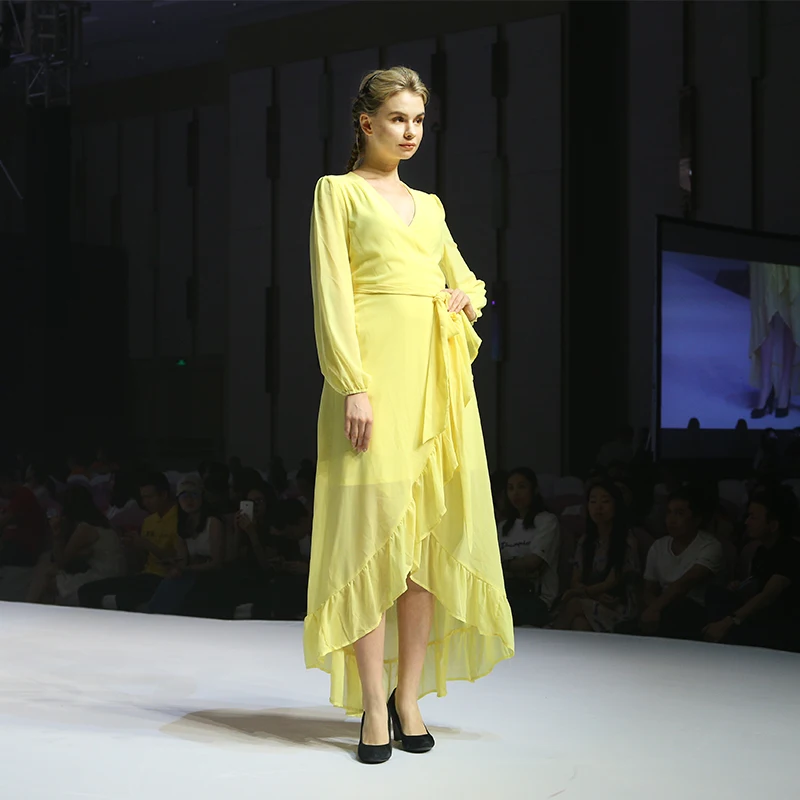 Women Yellow Long Sleeve V Neck Wrap Dress