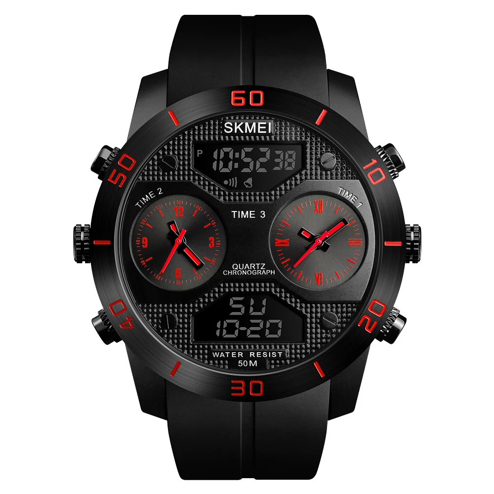 SKMEI 1355 new arrival 3 time zone japan movt quartz watch stainless steel case back sport digital wristwatch